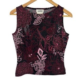 Vintage 90s Sleeveless Sequin Top Sz L Black Pink Floral Stretch Tank Shirt GUC